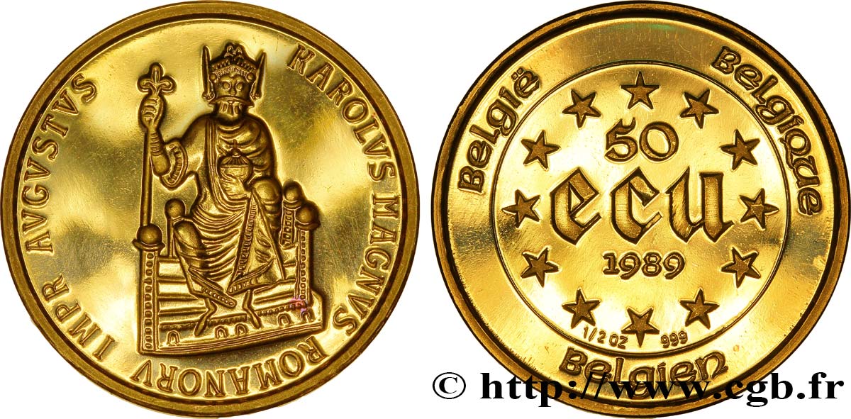 BELGIEN 50 Ecu en or, Charlemagne 1989 Bruxelles fST 