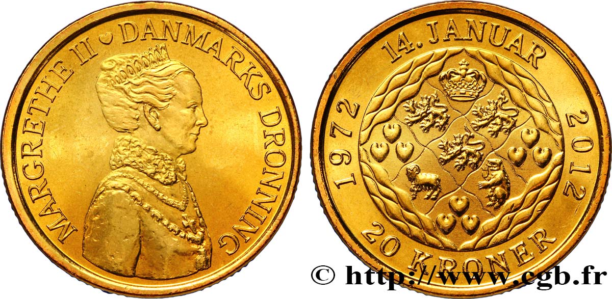 DINAMARCA 20 Kroner 40e anniversaire de règne de la reine Margrethe II 2012  SC 