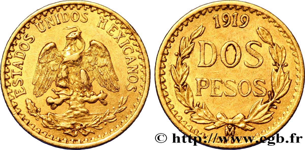 MEXICO 2 Pesos or Aigle du Mexique 1919 Mexico AU 