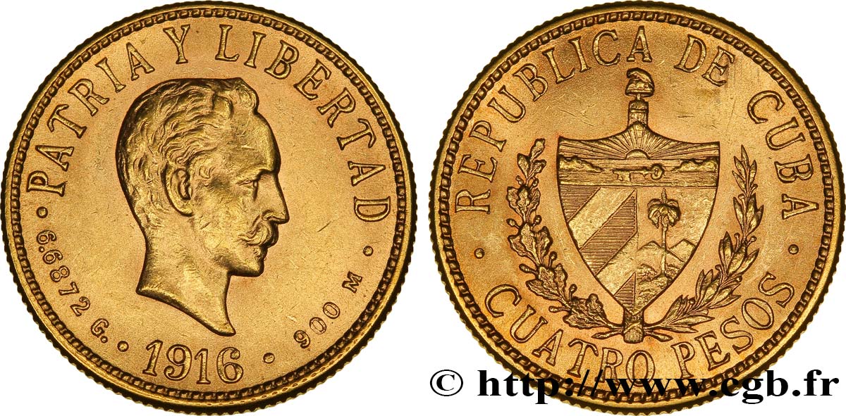 KUBA 4 Pesos emblème / José Marti 1916 Philadelphie VZ 