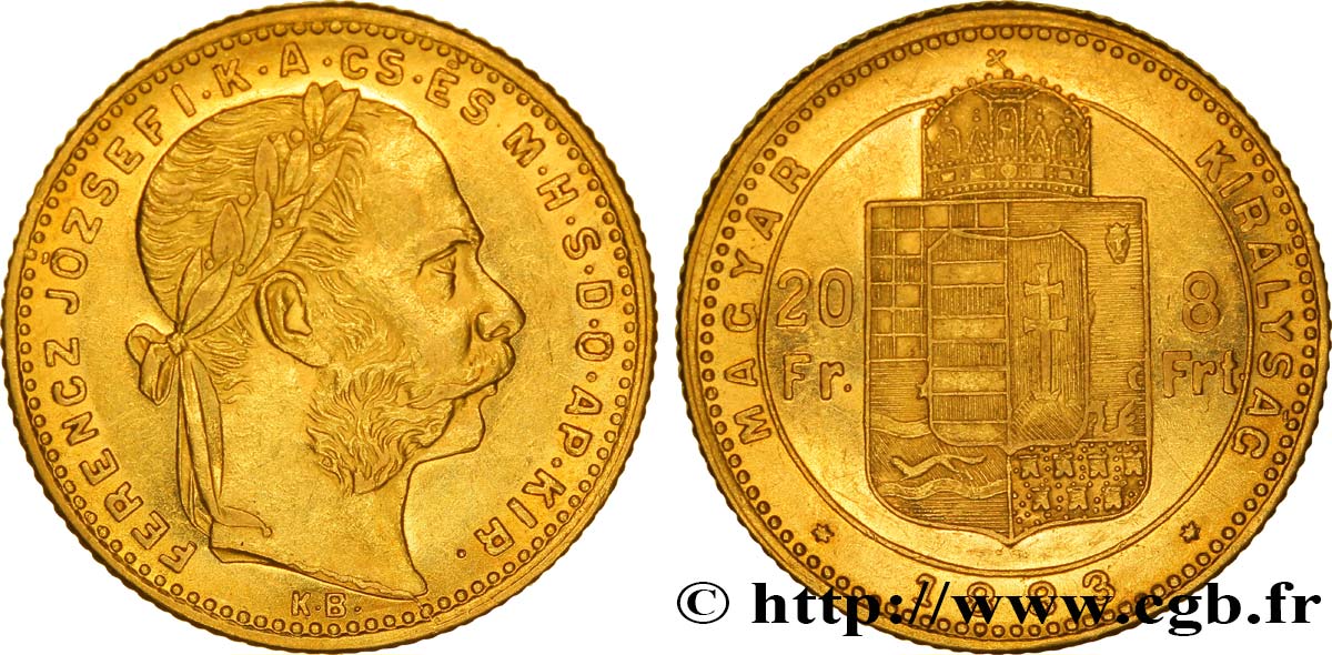 HONGRIE 20 Francs or ou 8 Forint François-Joseph Ier 1883 Kremnitz SUP 