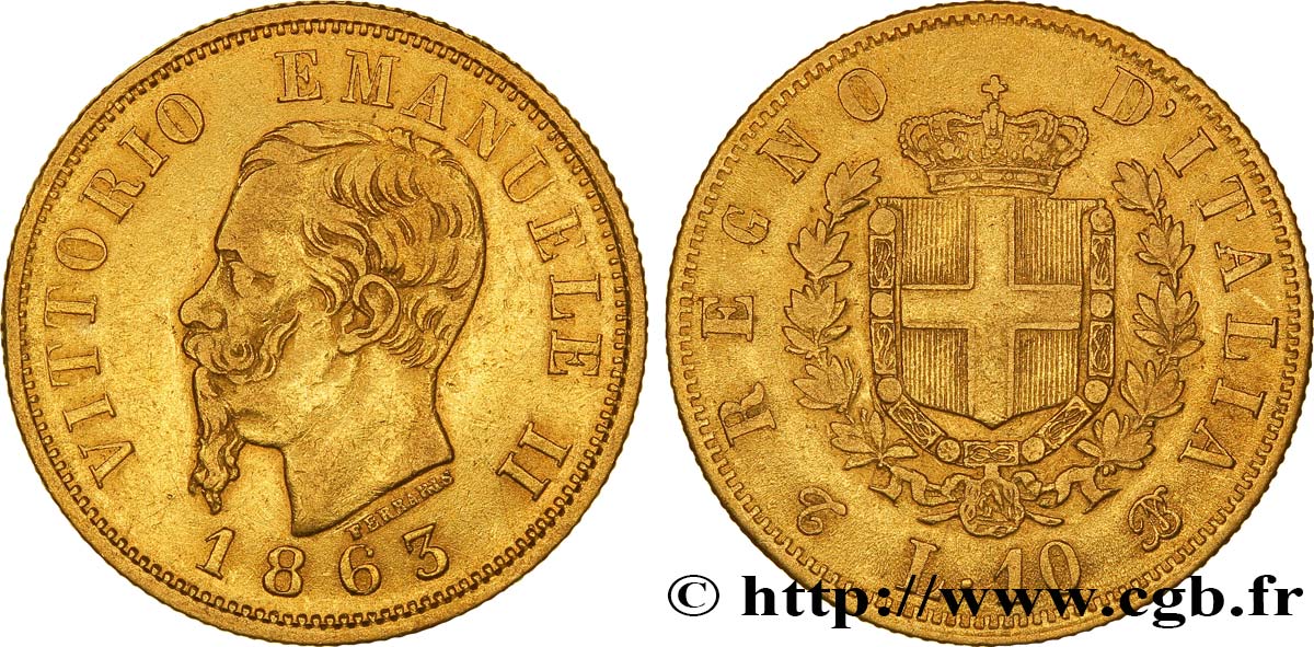 ITALIEN 10 Lire or Victor Emmanuel II, roi d’Italie 1863 Turin SS 