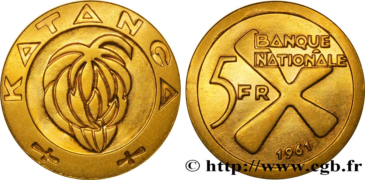 KATANGA 5 Francs régime de bananes / croix katangaise (Baluba) 1961  SC 