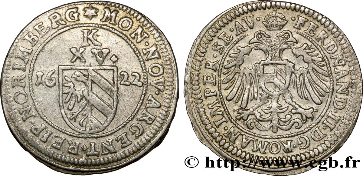 ALEMANIA - WURZBOURG 15 Kreuzer 1622 Nuremberg MBC 
