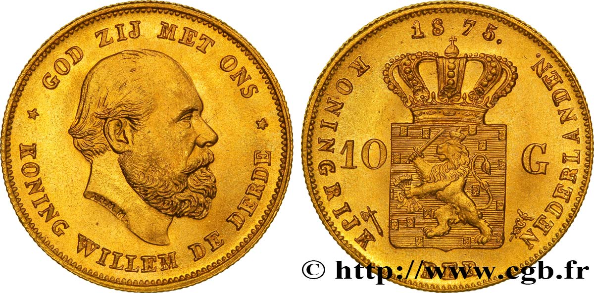 PAíSES BAJOS 10 Gulden or Guillaume III, 1e type 1875 Utrecht SC 