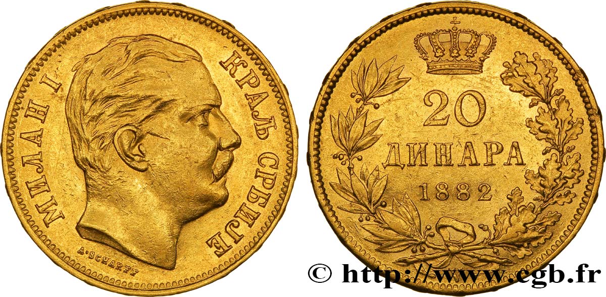 SERBIA 20 Dinara Milan IV Obrenovic 1882 Vienne AU 