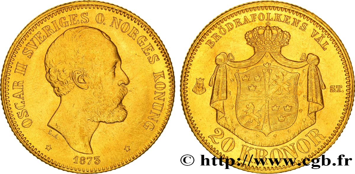 SCHWEDEN 20 Kronor, 1e type Oscar II 1873 Stockholm VZ 