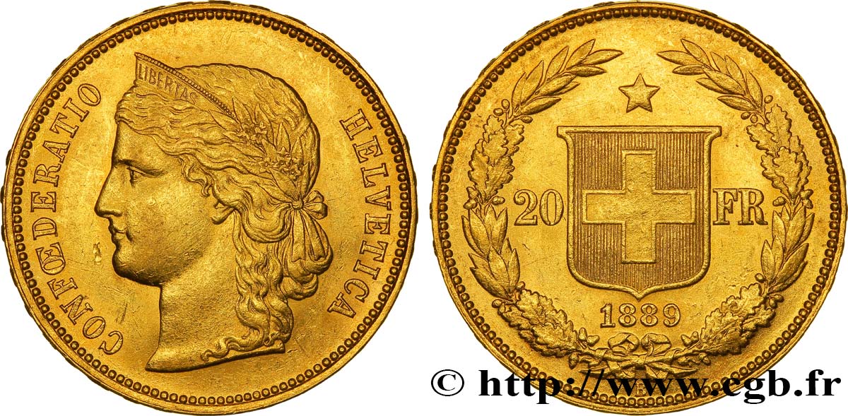 SUISSE 20 Francs or buste diadémé d Helvetia / croix suisse 1889 Berne - B TTB+ 