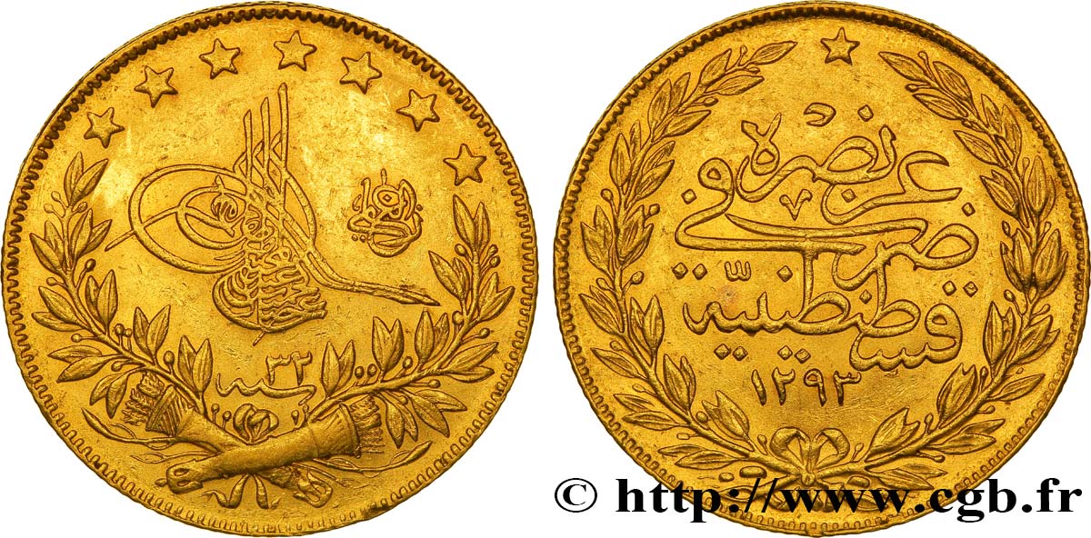 TURQUíA 100 Kurush en or Sultan Abdülhamid II AH 1293, An 32 1906 Constantinople EBC 
