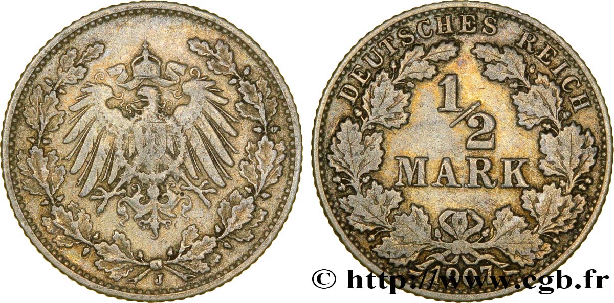 ALLEMAGNE 1/2 Mark Empire aigle impérial 1907 Hambourg - J TTB 