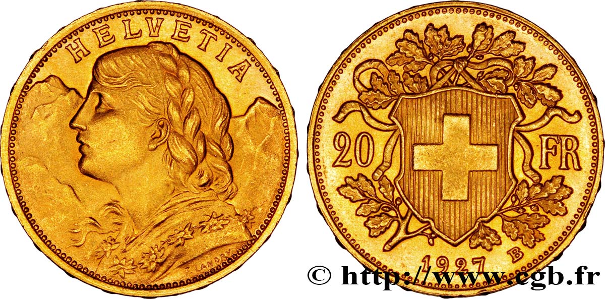 SVIZZERA  20 Francs or  Vreneli  jeune fille / croix suisse 1927 Berne - B q.SPL 