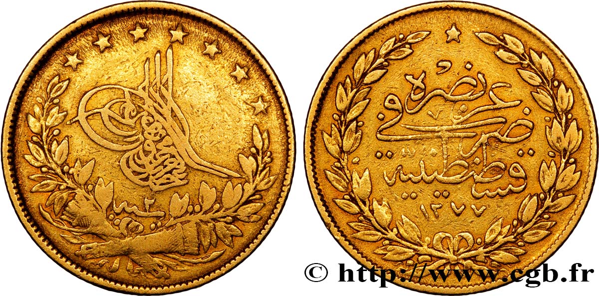 TURQUíA 100 Kurush en or Sultan Sultan Abdülaziz AH 1277, An 2 1861 1901 Constantinople BC+ 