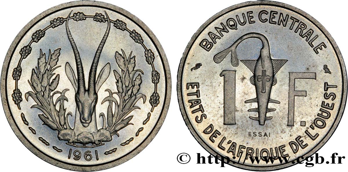 STATI DI L  AFRICA DE L  OVEST Essai de 1 Franc masque / antilope 1961 Paris MS 