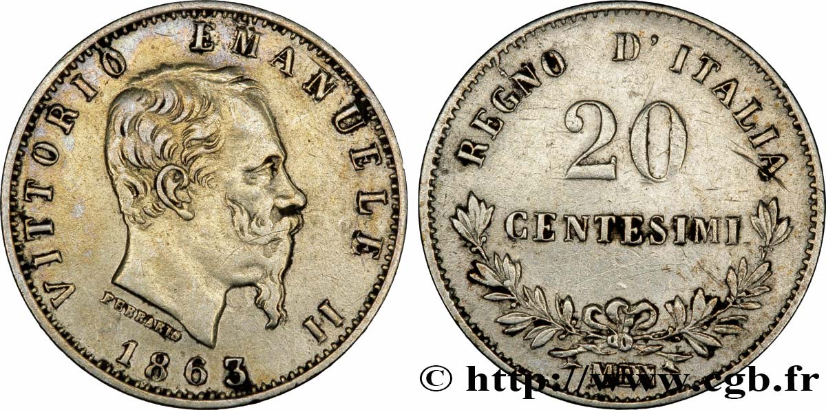 ITALIA 20 Centesimi Victor Emmanuel II 1863 Milan - M MBC 