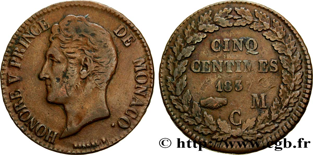 MONACO 5 Centimes Honoré V petite tête en cuivre rouge 1837 Monaco SS 