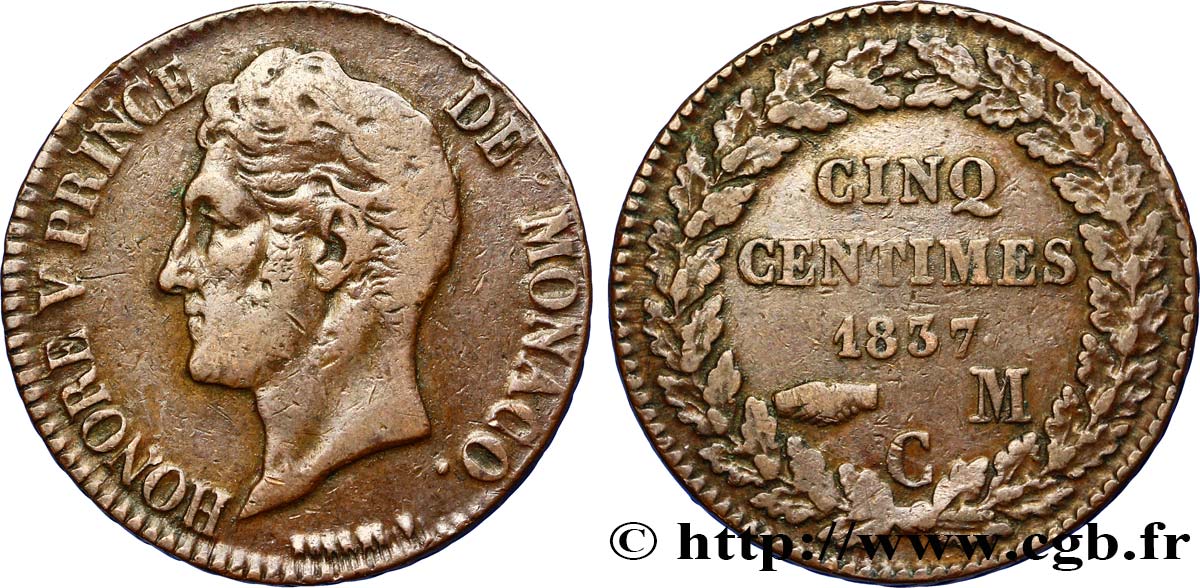 MONACO 5 Centimes Honoré V petite tête en cuivre rouge 1837 Monaco SS 