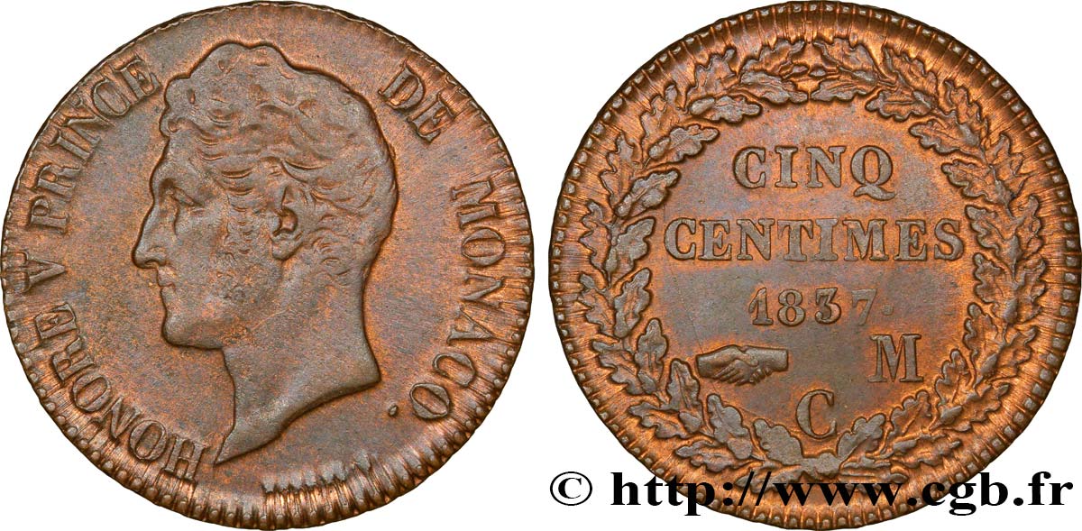 MONACO 5 Centimes Honoré V petite tête en cuivre rouge 1837 Monaco AU 