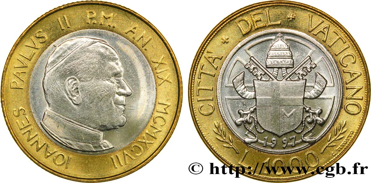 VATICAN AND PAPAL STATES 1000 Lire Jean Paul II armes an XIX /  armes pontificales 1997  MS 
