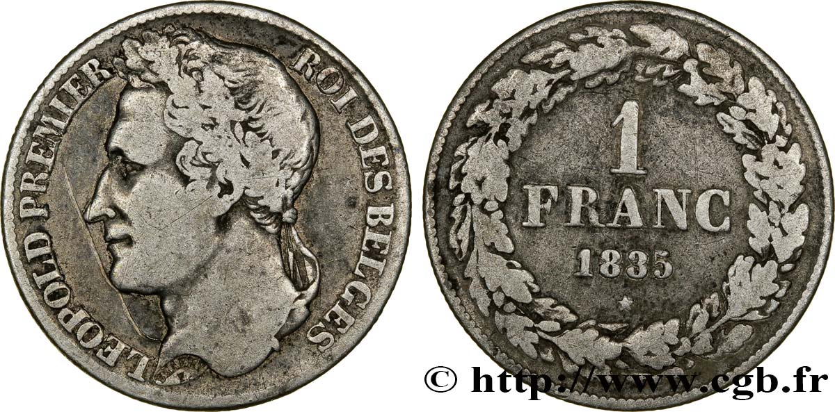 BELGIUM 1 Franc Léopold Ier tête laurée 1835 Bruxelles VF 