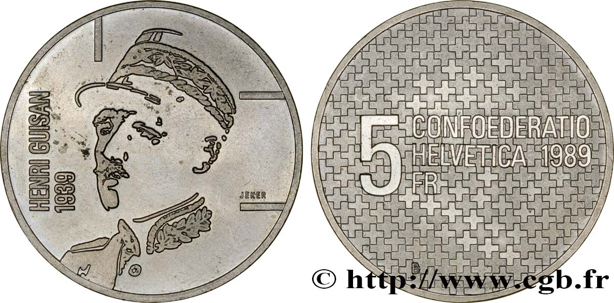 SUIZA 5 Francs 50e anniversaire de la mobilisation de 1939 par le général Henri Guisan 1989 Berne - B EBC 