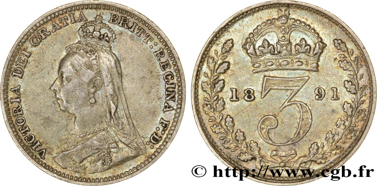 ROYAUME-UNI 3 Pence Victoria buste du jubilé 1891  TTB 