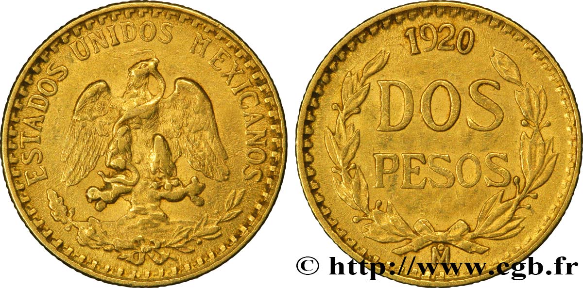 MEXICO 2 Pesos or Aigle du Mexique 1920 Mexico XF 