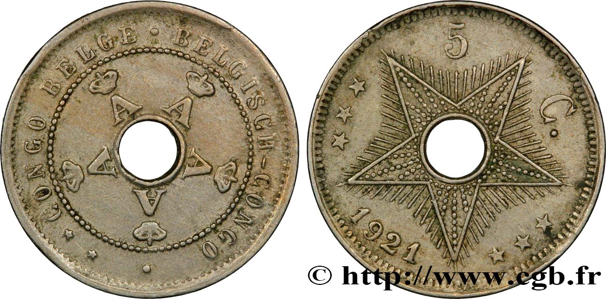 BELGIAN CONGO 5 Centimes monogrammes du roi Albert 1921  XF 