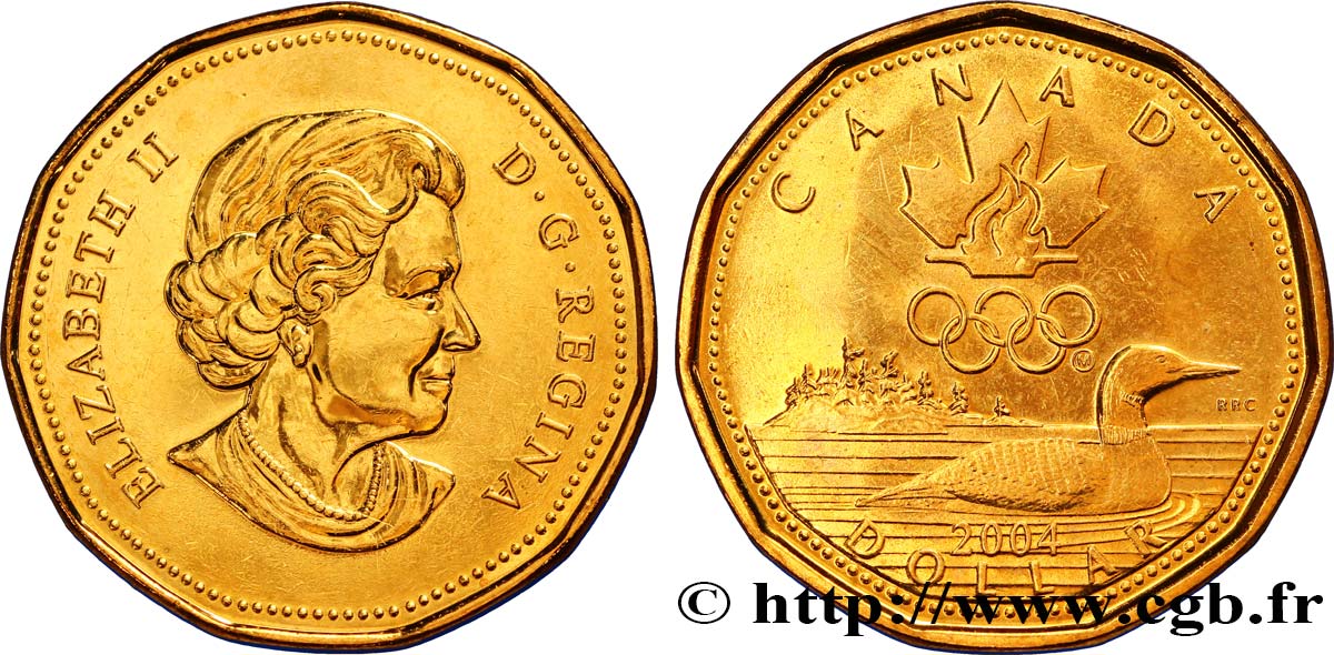 KANADA 1 Dollar Lucky Loonie : Elisabeth II / canard, flamme et anneaux olympiques 2004  fST 