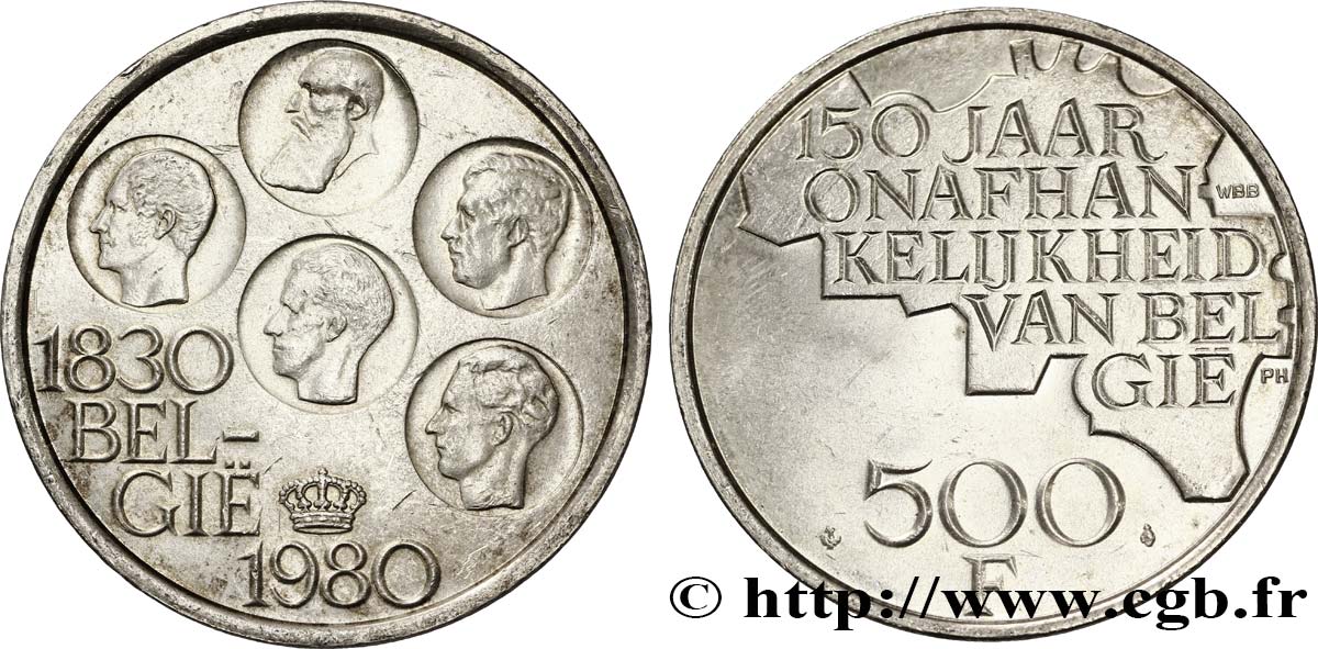 BELGIEN 500 Francs légende flamande 150e anniversaire de l’indépendance, portrait des 5 rois / carte de Belgique 1980 Bruxelles VZ 