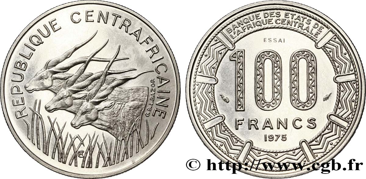 REPúBLICA CENTROAFRICANA Essai de 100 Francs antilopes type “BEAC” 1975 Paris SC 