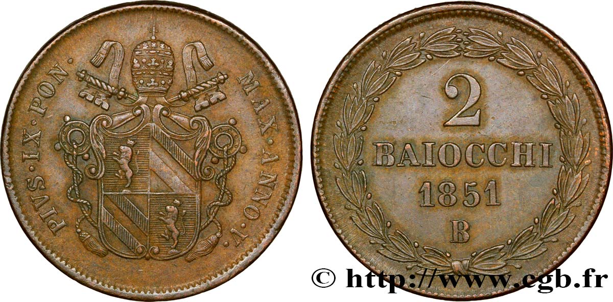 VATICAN AND PAPAL STATES 2 Baiocchi frappe au nom de Pie IX an V 1851 Bologne - B AU 