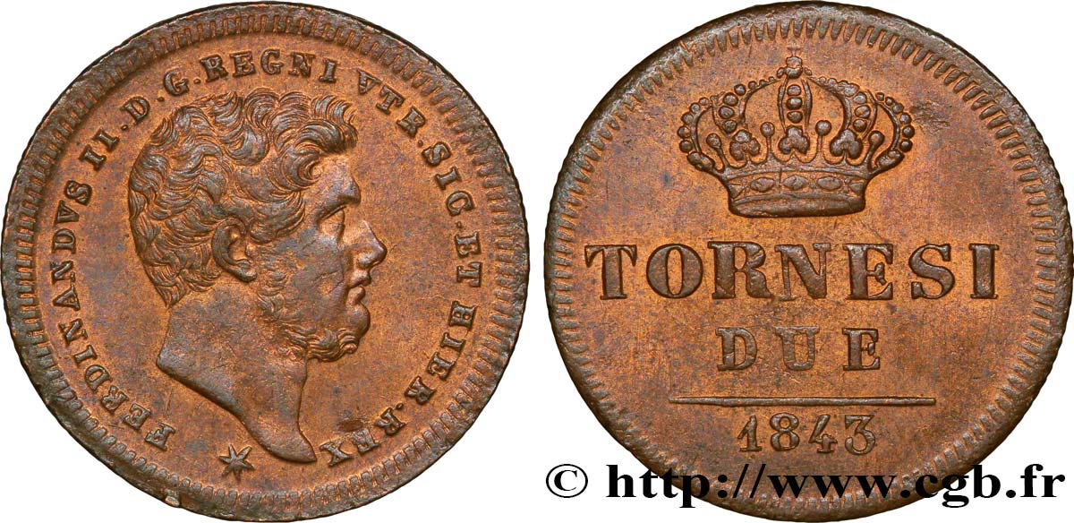 ITALY - KINGDOM OF TWO SICILIES 2 Tornesi Ferdinand II 1843 Naples AU 