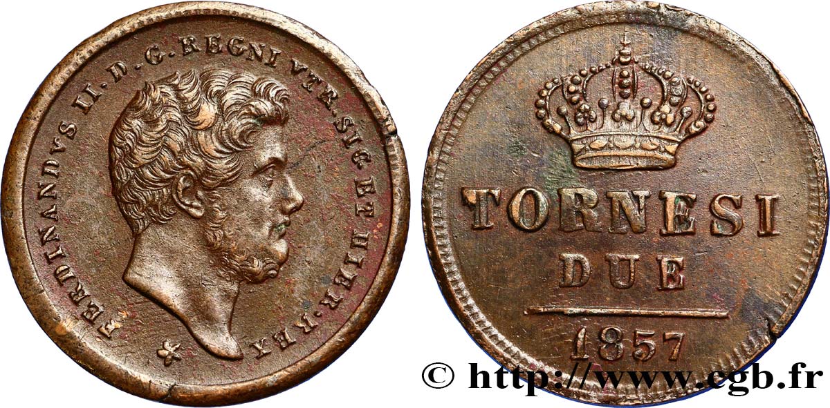 ITALY - KINGDOM OF THE TWO SICILIES 2 Tornesi Royaume des Deux-Siciles, Ferdinand II / écu couronné type à 5 pétales 1857 Naples AU 