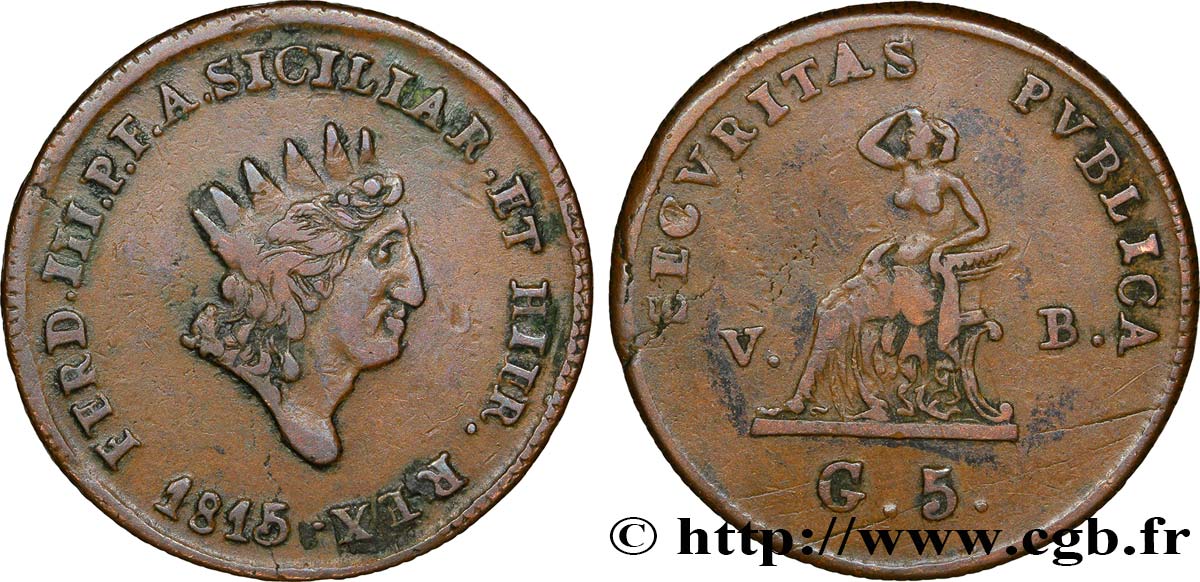 ITALY - KINGDOM OF SICILIA 5 Grana Ferdinand III 1815  VF 