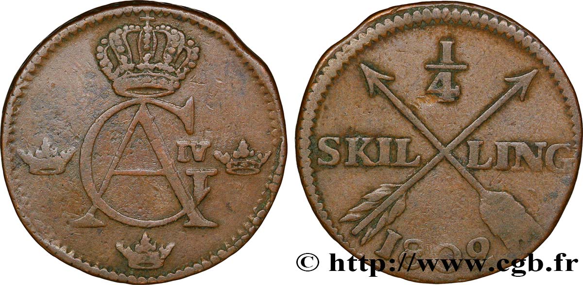SWEDEN 1/4 Skilling monogramme du roi Gustave IV Adolphe 1802  VF 