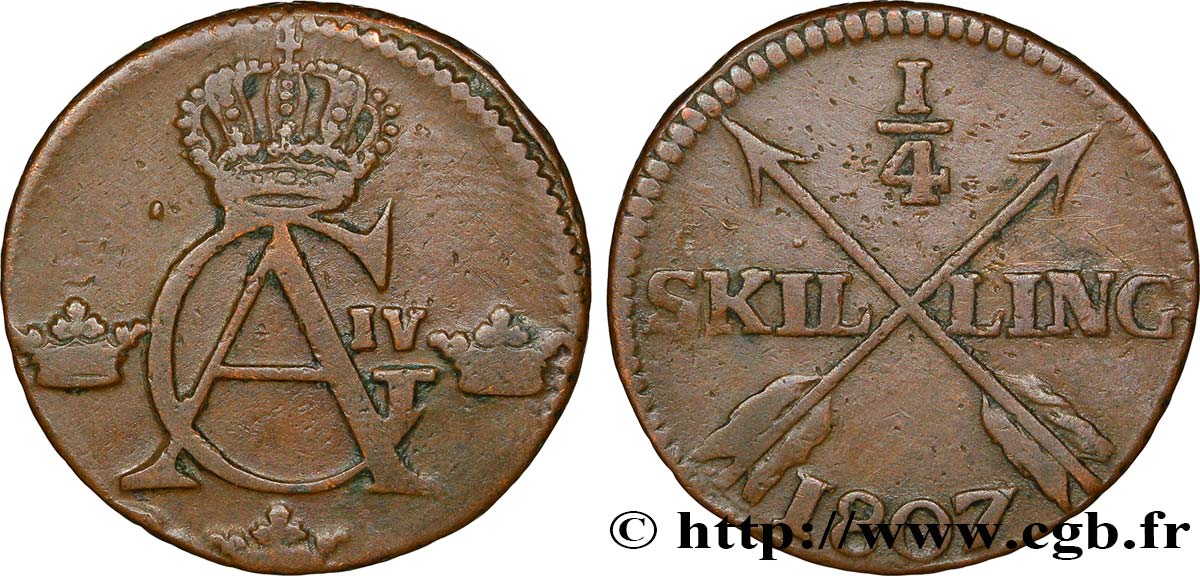 SUÈDE 1/4 Skilling monogramme du roi Gustave IV Adolphe 1807  TB 