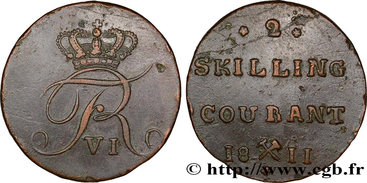 NORUEGA 2 Skilling monogramme de Frédéric VI roi du Danemark 1811 Kongsberg MBC 