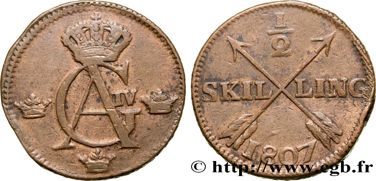 SUECIA 1/2 Skilling monograme du roi Gustave IV Adolphe 1807  BC+ 