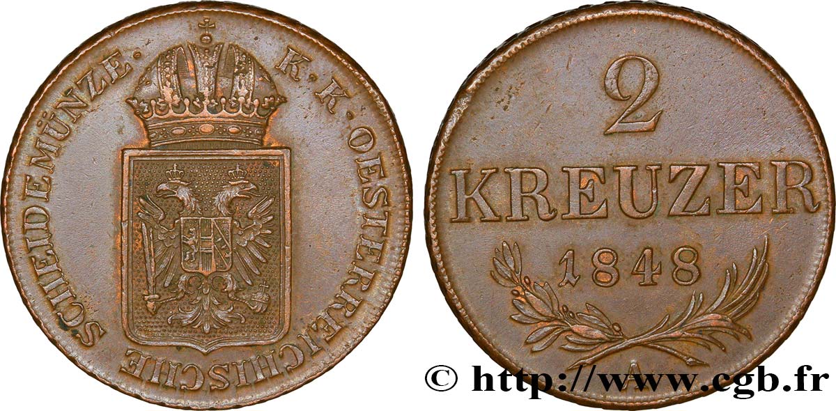 AUSTRIA 2 Kreuzer monnayage de la révolution de 1848-1849 1848 Vienne EBC 