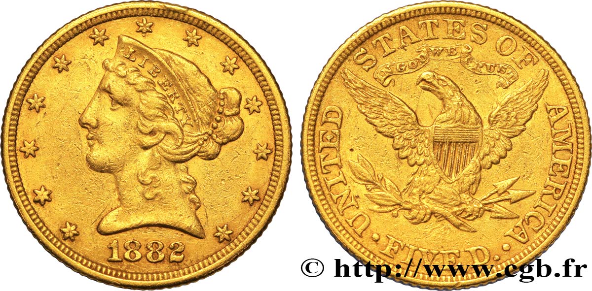 ÉTATS-UNIS D AMÉRIQUE 5 Dollars  Liberty  1882 Philadelphie TB+ 