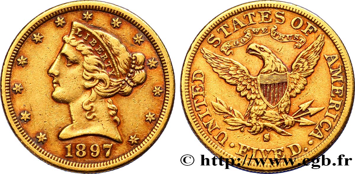 ÉTATS-UNIS D AMÉRIQUE 5 Dollars  Liberty  1897 San Francisco VF 