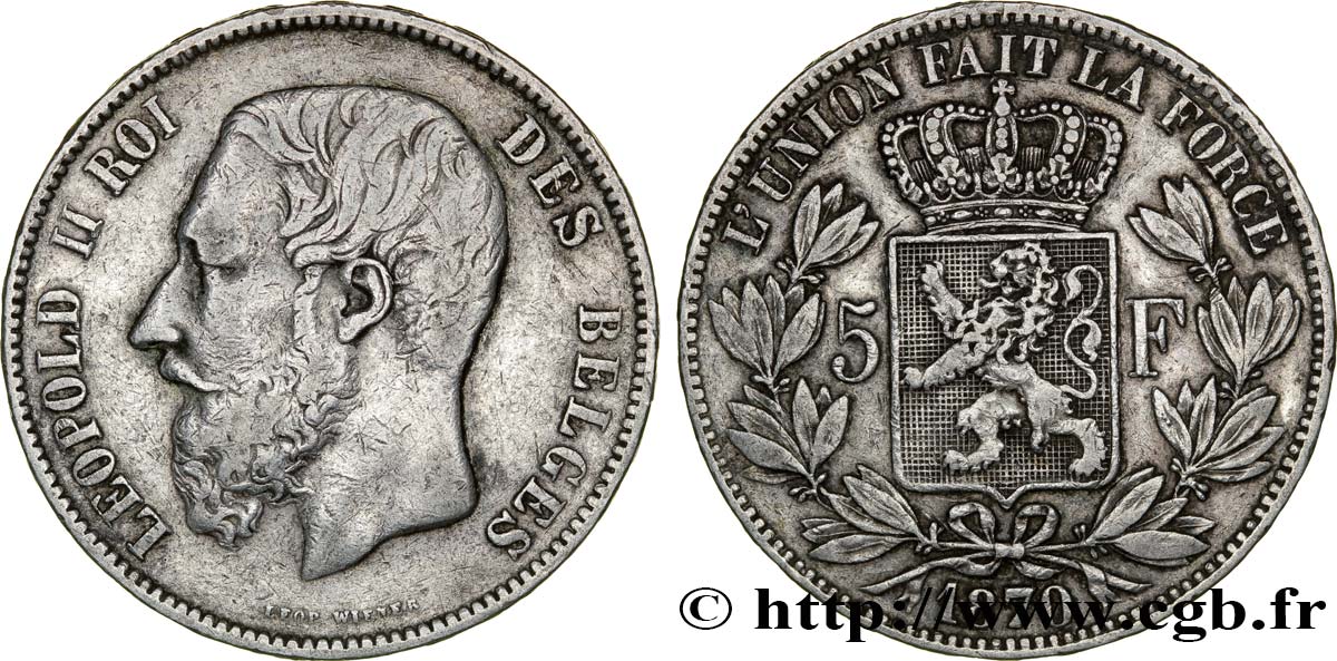 BELGIQUE 5 Francs Léopold II / Écu couronné 1870  TB+ 