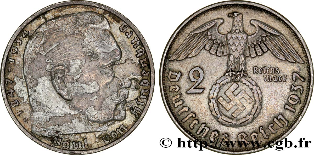 ALEMANIA 2 Reichsmark aigle surmontant une swastika 1937 Muldenhütten - E MBC 