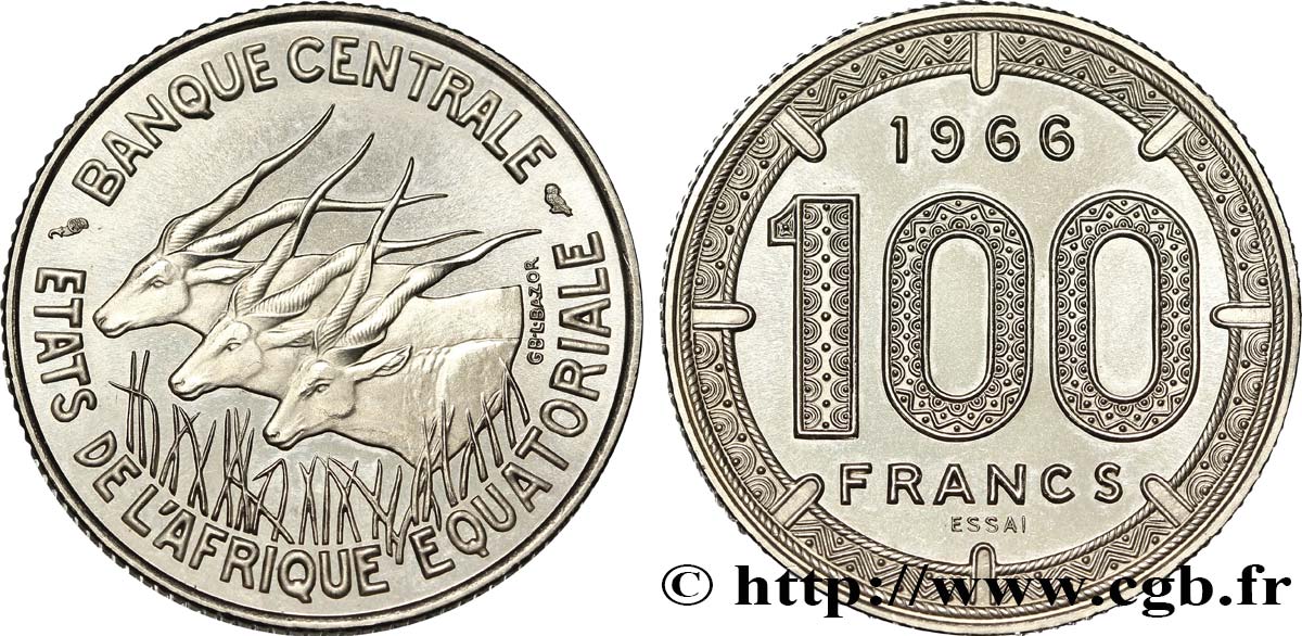 ÁFRICA ECUATORIAL  Essai de 100 Francs antilopes 1966 Paris FDC 