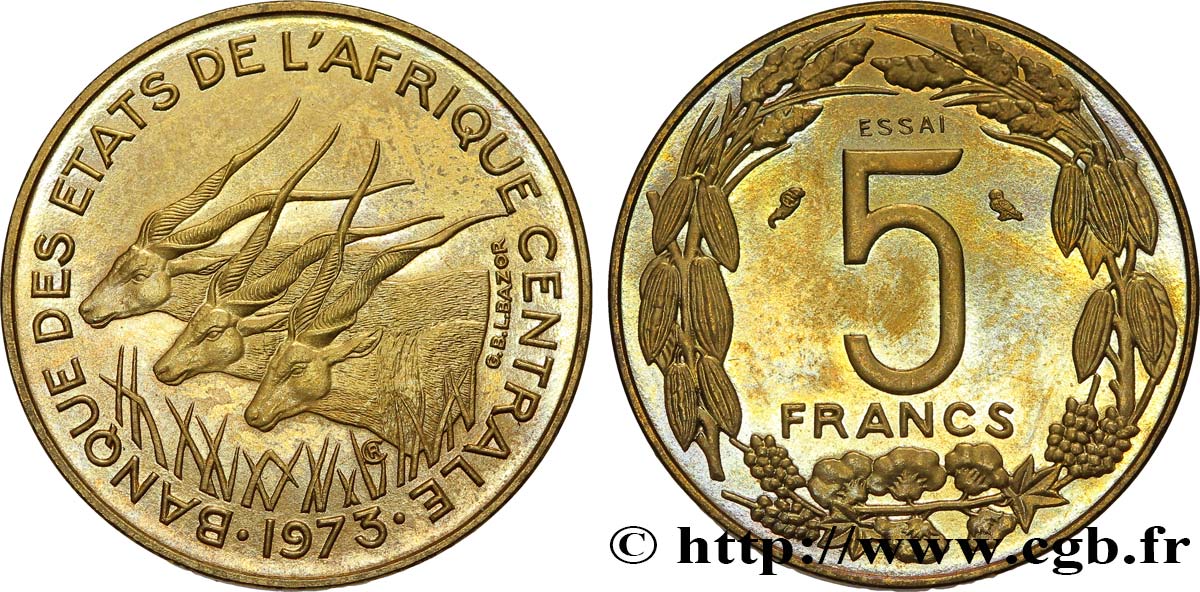 CENTRAL AFRICAN STATES Essai de 5 Francs antilopes 1973 Paris MS 