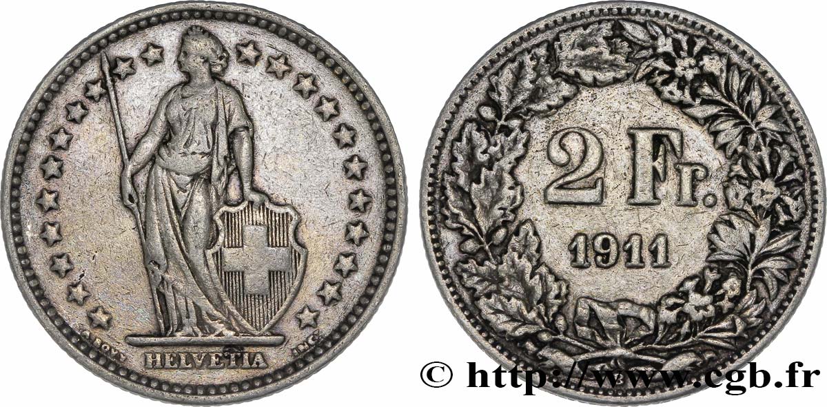SUIZA 2 Francs Helvetia 1911 Berne - B BC+ 