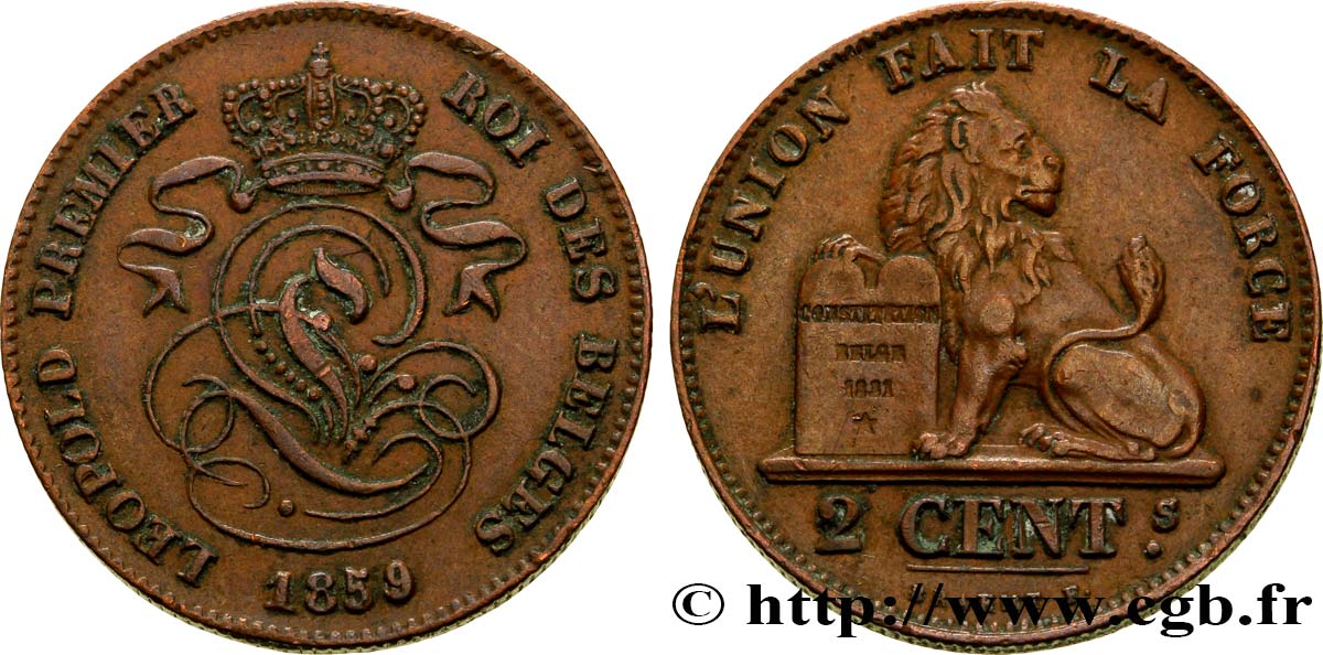 BELGIEN 2 Centimes lion monogramme de Léopold Ier 1859  VZ 