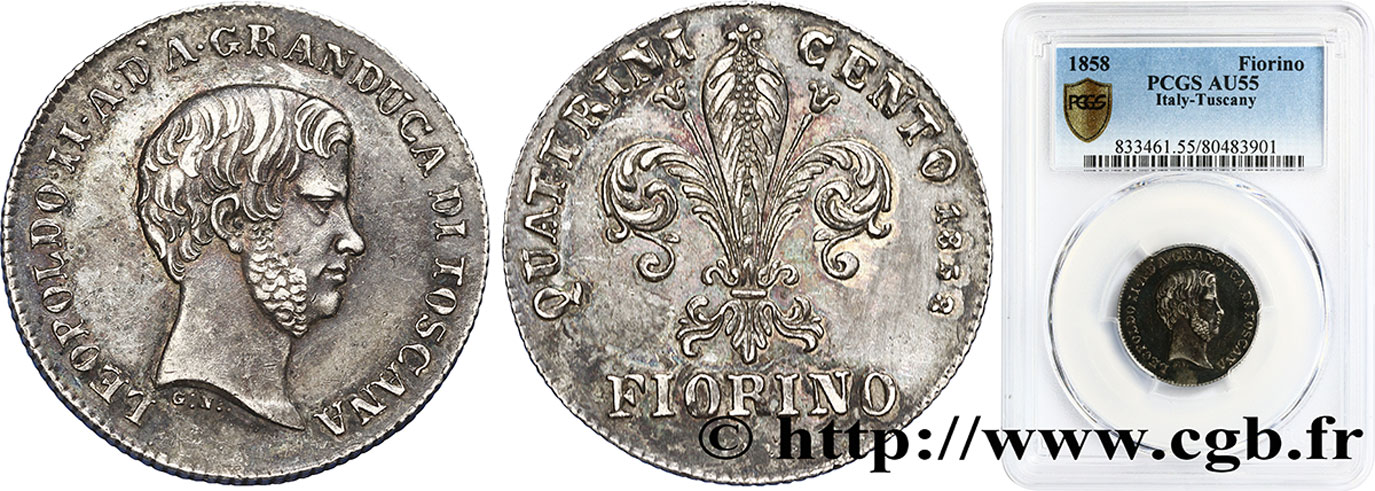 ITALIA - TOSCANA 1 Fiorino Léopold II 1858 Florence EBC55 PCGS