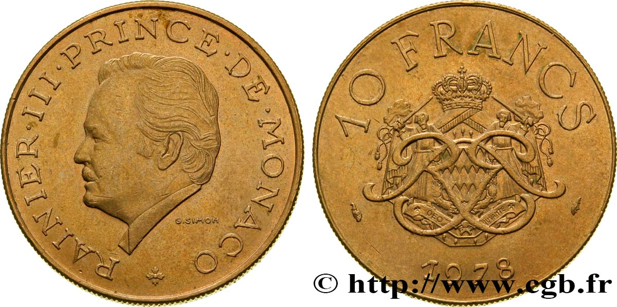MONACO 10 Francs Rainier III / écu et monogramme couronnés 1978 Paris VZ 