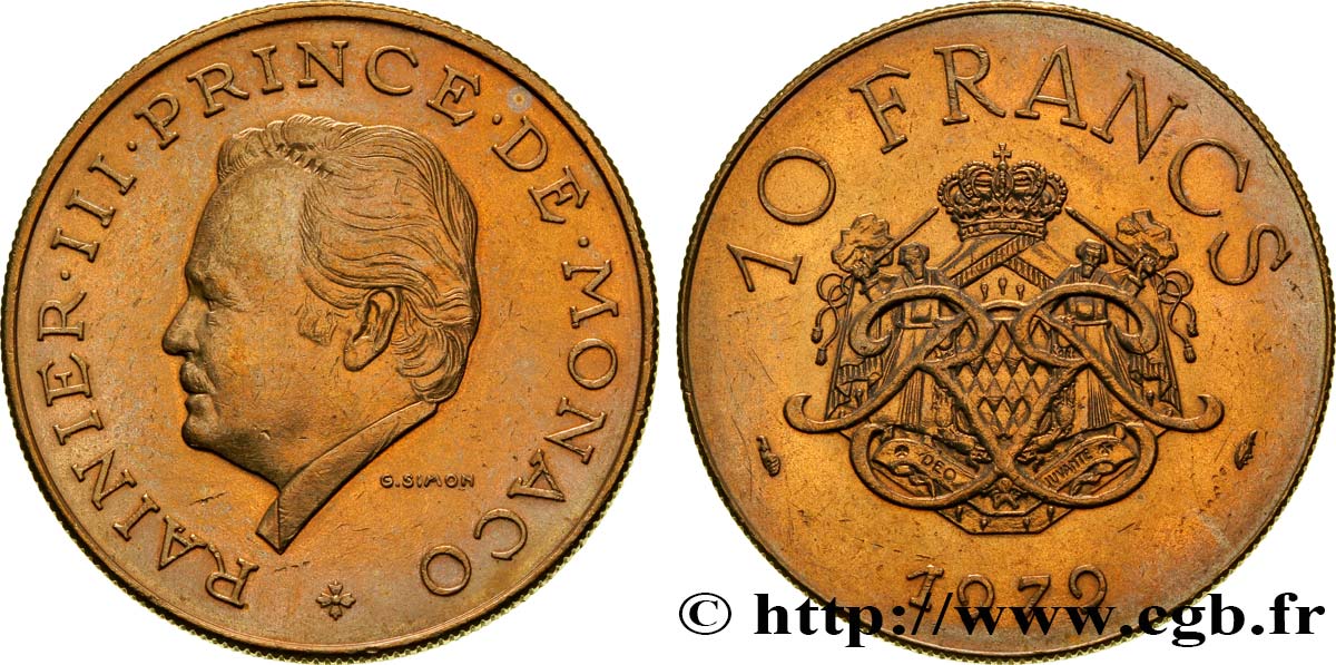 MONACO 10 Francs Rainier III / écu et monogramme couronnés 1979 Paris VZ 